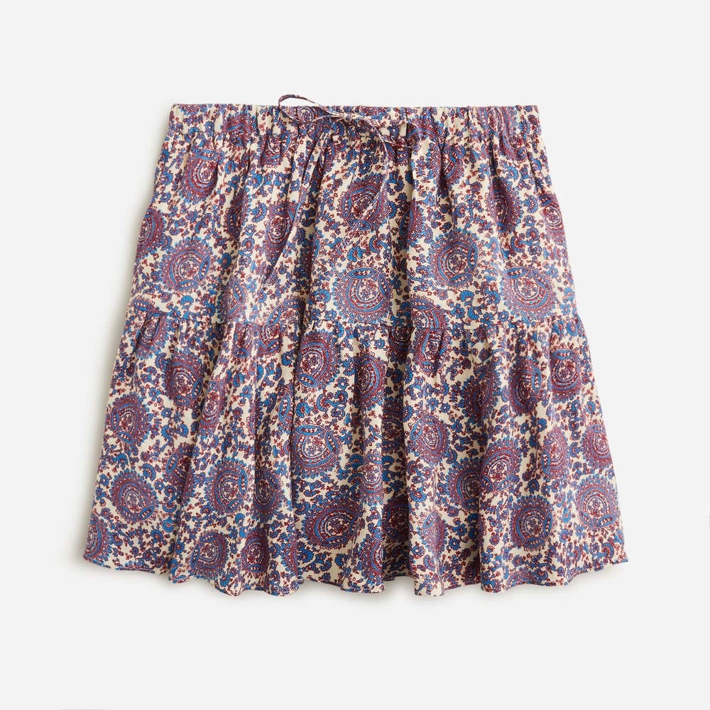 Anthropologie Maeve Paisley Linen Mini Skirt Blue Red Tiered Ruffle XS BP948